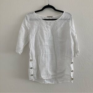 Lungo L'arno 100% Linen White Top 3/4 Sleeves Lagenlook Beach Coastal Vacation